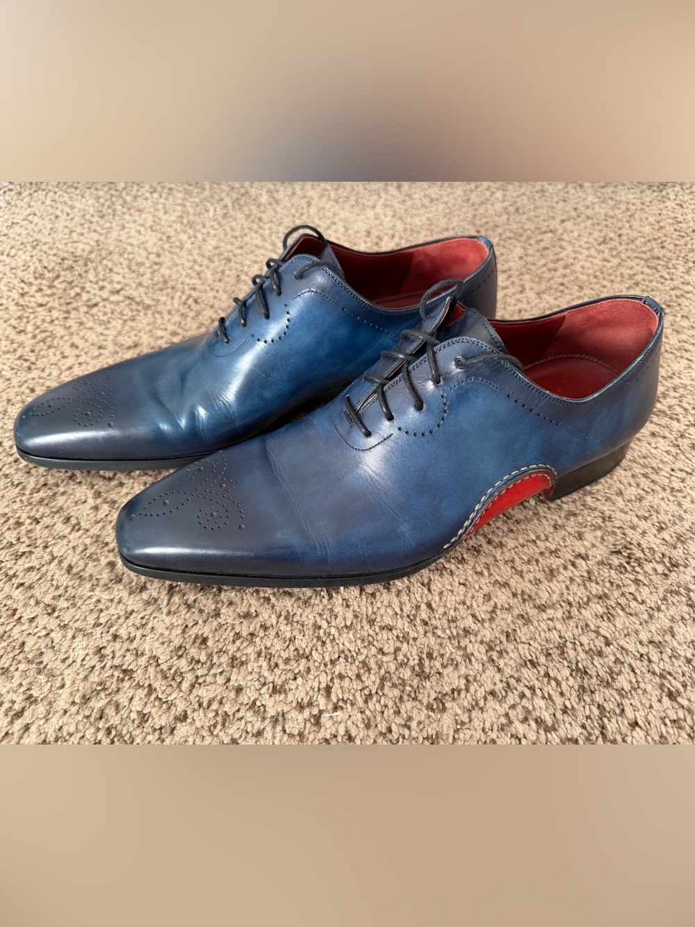 SLEEK Men’s Magnanni Luxury Leather Shoes; Blue with Red Accent.